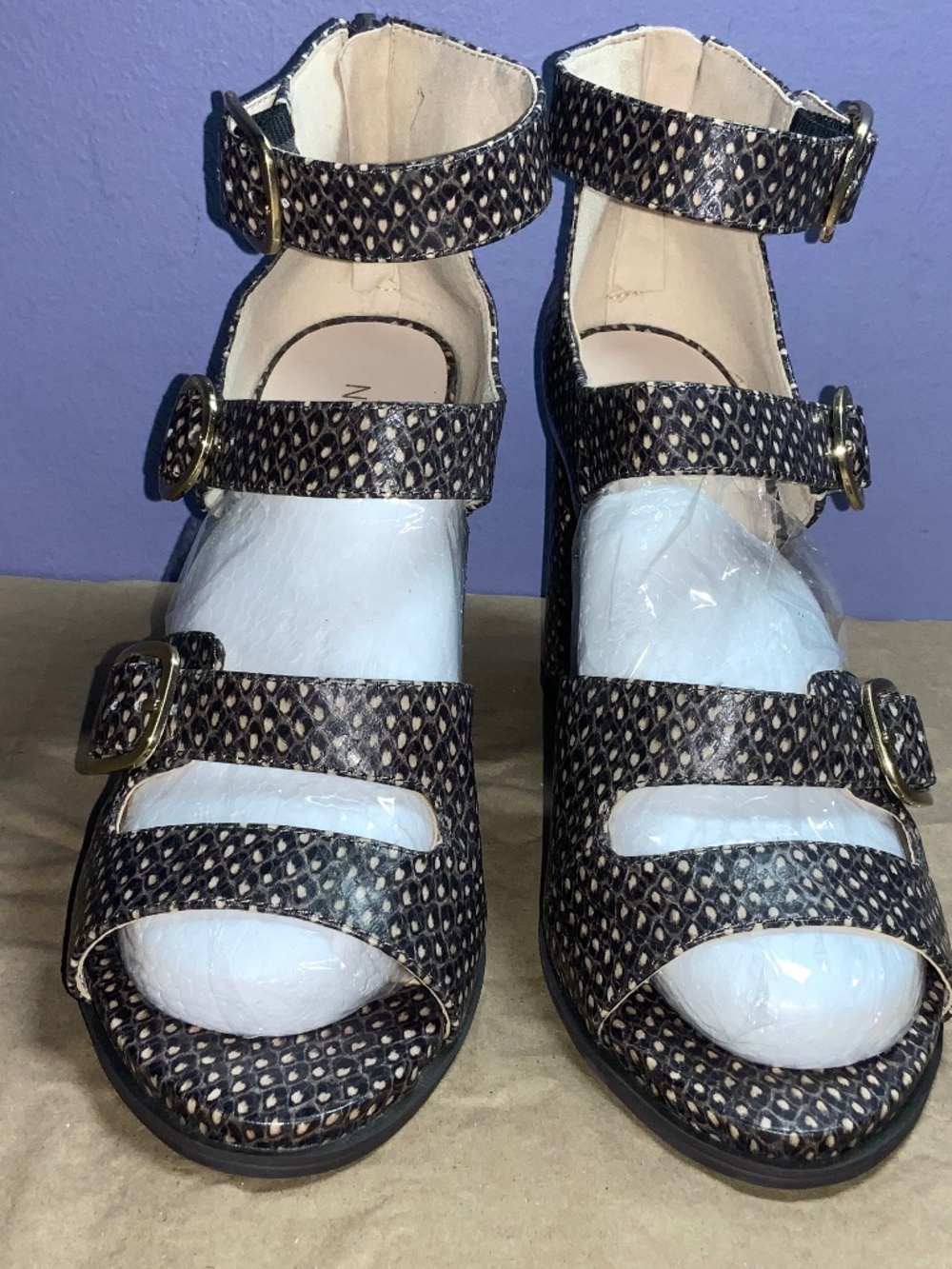 Nine West Nopereira faux reptile print multi strap block heel sandals Sz 9M
